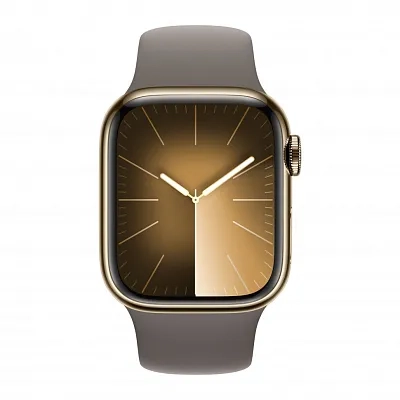 Apple Watch Series 9, 45 мм, корпус из алюминия цвета «золото», спортивный ремешок цвета «серый», размер M/L