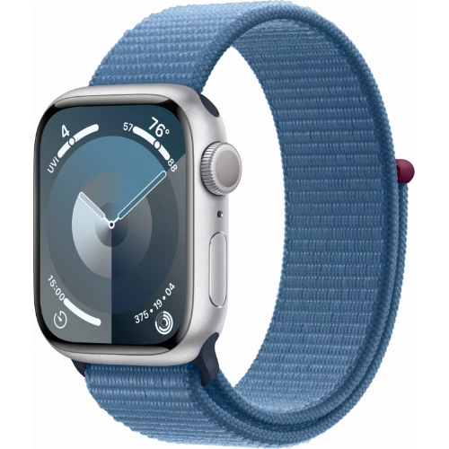 Apple Watch Series 9, 45 мм, корпус из алюминия серебристого цвета, нейлоновый ремешок цвета «ледяной синий»