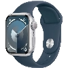 Apple Watch Series 9, 45 мм, корпус из алюминия серебристого цвета, спортивный ремешок цвета «грозовой синий», размер S/M