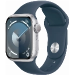 Apple Watch Series 9, 41 мм, корпус из алюминия серебристого цвета, спортивный ремешок цвета «грозовой синий», размер M/L