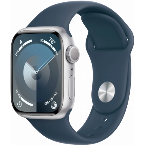 Apple Watch Series 9, 45 мм, корпус из алюминия серебристого цвета, спортивный ремешок цвета «грозовой синий», размер M/L