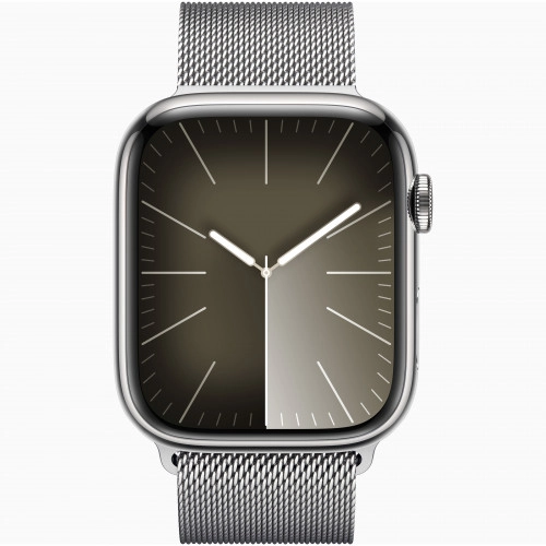 Apple Watch Series 9, 45 мм, стальные серебристого цвета, миланский сетчатый браслет