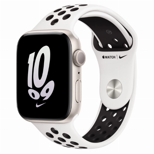 Умные часы Apple Watch SE 44 мм Starlight Aluminium Case with NIKE Sport Band, черно-белый